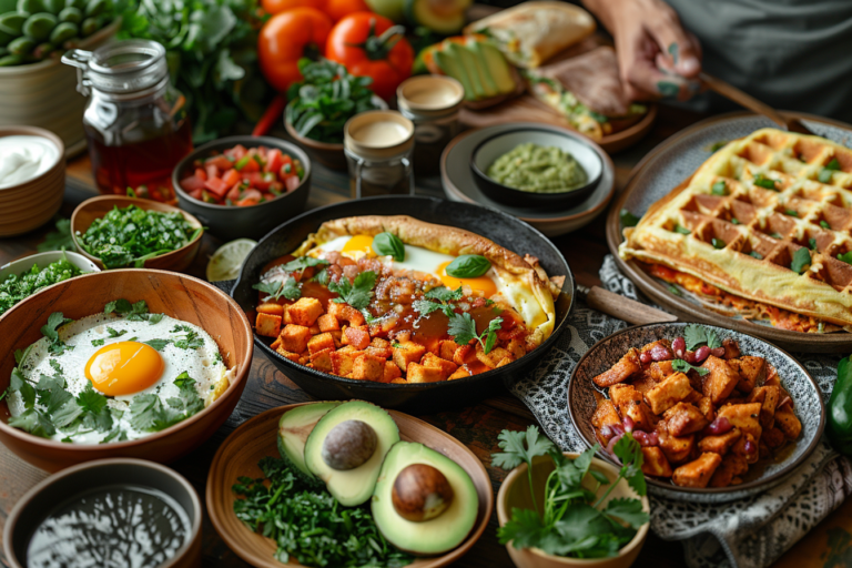 Chicken breakfast recipes featuring crispy chicken and waffles, chicken and egg hash, chicken breakfast burrito, and chicken spinach casserole on a rustic breakfast table with orange juice and coffee, perfect for starting the day with protein-packed meals