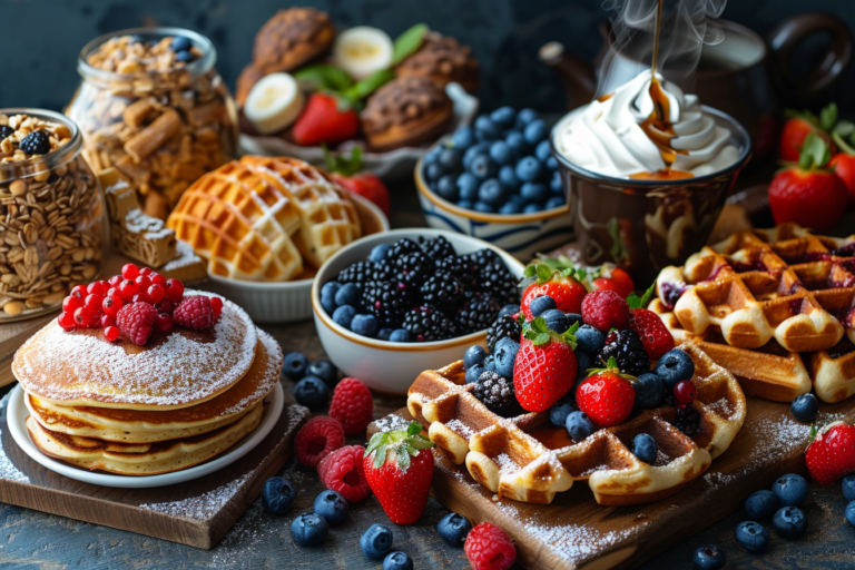 Sweet breakfast recipes featuring pancakes, waffles, pastries, and smoothie bowls on a breakfast table