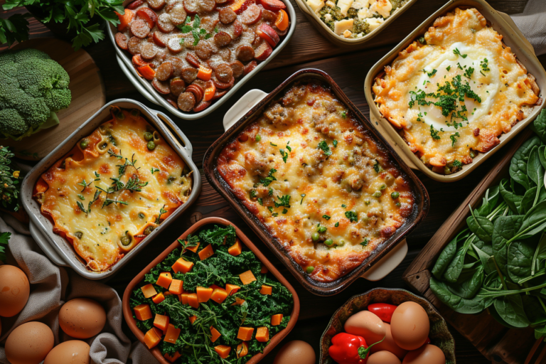 Gluten-free breakfast casserole served in a baking dish with vegetables and cheese.