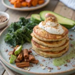 Zoomed close-up of fluffy AIP banana pancakes with avocado, coconut yogurt, sweet potato hash, and greens – looks so yummy!