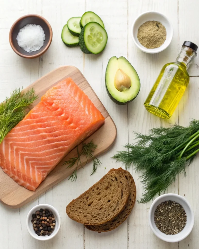 ALT TEXT: Ingredients for a salmon breakfast recipe laid out on a wooden table. Includes salmon, avocado, cucumber, dill, and more.