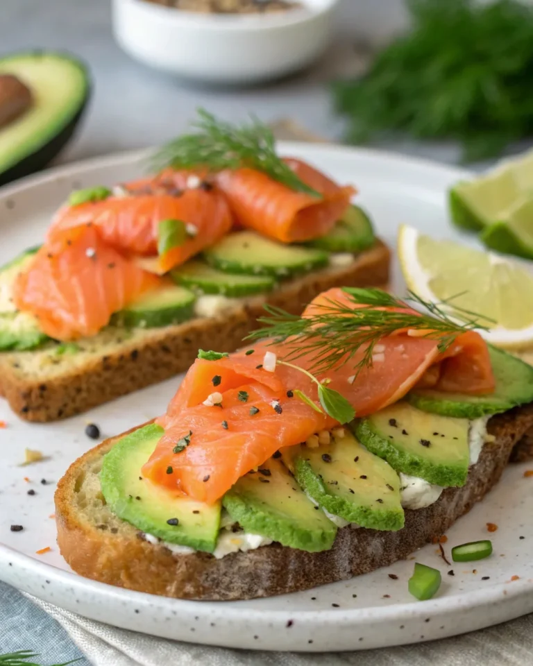 Close-up shot of a delicious salmon breakfast toast with avocado, cucumber, and dill. Zoomed in for focus on textures and colors.