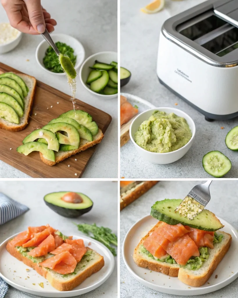 Six photos demonstrating the preparation steps of the salmon breakfast toast, from toasting the bread to adding avocado, smoked salmon, cucumber, and drizzle of olive oil.